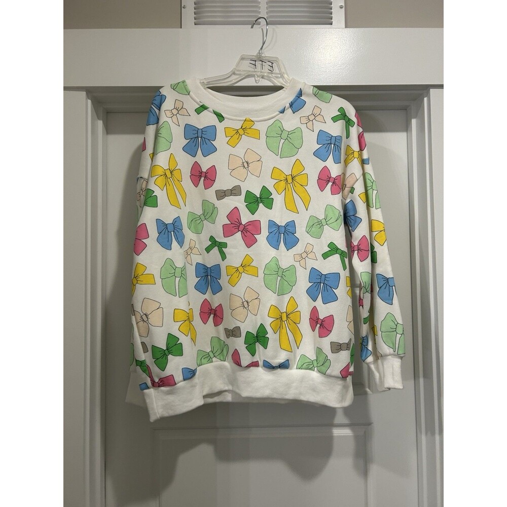 Oversized Long Sleeve Sweatshirt Women Bow Print Coquette Neon Crewneck Size XL